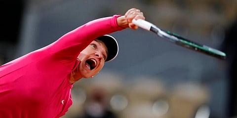 Romania's Simona Halep serves against Spain's Sara Sorribes Tormo in the first round match of the French Open. (Photo | AP)