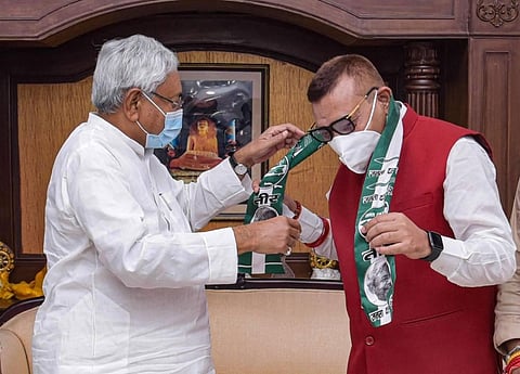 Former DGP Gupteshwar Pandey joins JD U in the presence of Bihar Chief Minister Nitish Kumar in Patna Sunday Sept. 27 2020. (Photo | PTI)