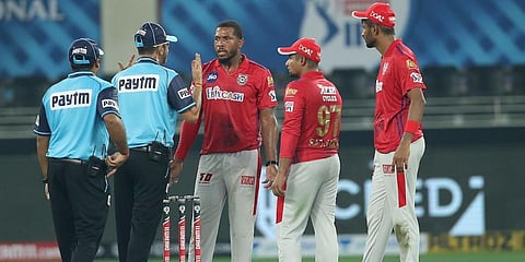Kings XI Punjab pacer Chris Jordan talks with the umpire. (Photo | BCCI)