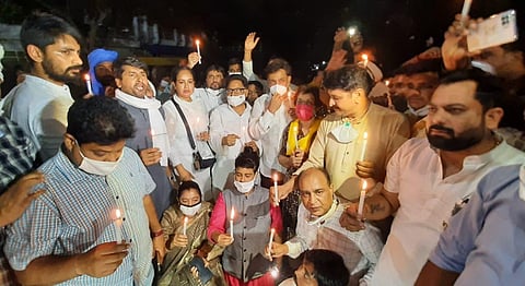 Congress workers protest against the death of Dalit woman from Uttar Pradesh's Hathras, who was gang-raped on Sept. 14, at Safderjung hospital in New Delhi. (Photo | Shekhar Yadav)