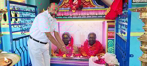 Retired sub-inspector MGR Mathan Mohan in the temple he built for his mother and wife in Kasthuribai Street in Mayiladuthurai. (Photo | EPS)
