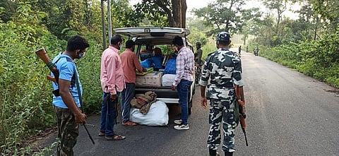 Vehicle checking in place at Mahadevpur mandal in Bhupalpally. (Photo | Express)