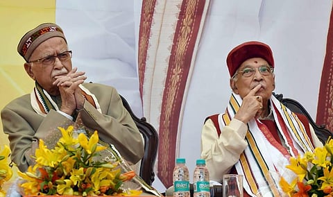 In this file photo dated Feb. 18 2018 is seen senior BJP leaders LK Advani and MM Joshi in New Delhi. (Photo | PTI)
