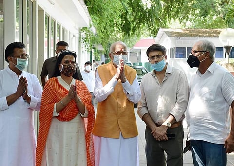 Senior BJP leader LK Advani, one of the accused in Babri mosque demolition case, along with his daughter Pratibha Advani and son Jayant Advani (2nd Right) after the verdict (Photo | PTI)