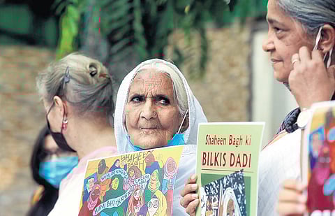 Bilkis Bano at a felicitation programme at Press Club. (Photo | Shekhar Yadav, EPS)