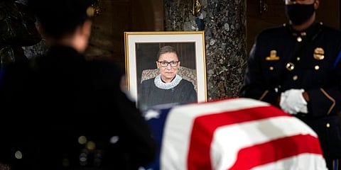 The flag-draped casket of Justice Ruth Bader Ginsburg. (Photo | AP)