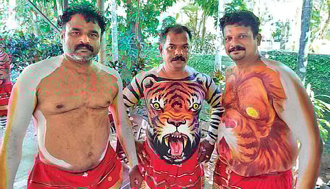 Performers getting ready for the virtual pulikali organised by Ayyanthole Pulikali Sangham on Thursday