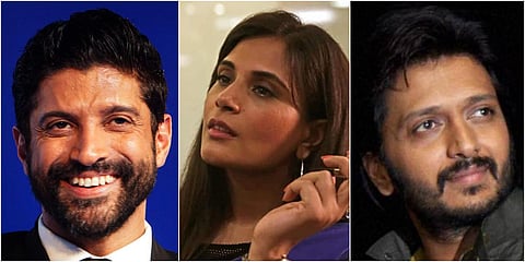 (From left) Bollywood actors Farhan Akhtar, Richa Chadha and Riteish Deshmukh (File photo| PTI and IMDb)