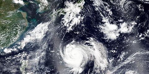 A satellite image released by NASA Worldview, Earth Observing System Data and Information System shows tropical storm Haishen, lower center, sweeping northward. (Photo | AP)