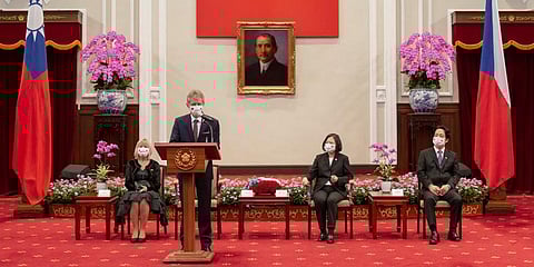 The Czech Senate President Milos Vystrcil speaks during a meeting with Taiwanese President Tsai Ing-wen, second from right during a meeting in Taipei. (Photo | AP)