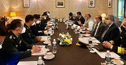 Defence Minister Rajnath SIngh holding talks with China's defence minister Wei Fenge in Moscow. (Photo | Defence Ministry Twitter)