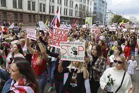 Women march during an opposition rally to protest the official presidential election results in Minsk, Belarus. (Photo | AP)