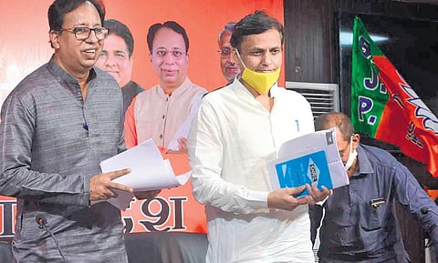 BJP on Saturday announces a steering committee headed by Union Minister Nityanand Rai (R) for the Bihar polls. (photo| Ranjit K Dey, EPS)