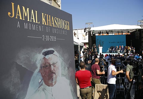 A picture of slain Saudi journalist Jamal Kashoggi, is displayed during a ceremony near the Saudi Arabia consulate in Istanbul. (File Photo | AP)