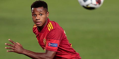 Ansu Fati watches the ball during the UEFA Nations League soccer match between Spain and Ukraine at the Estadio Alfredo Di Stefano stadium in Madrid. (Photo | AP)