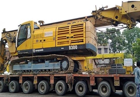 The first heavy 'casagrande' machine reaching Ayodhya from Kanpur. It will be used to dig the foundation of temple pillars that will go 200 fit down the earth (Photo | EPS)