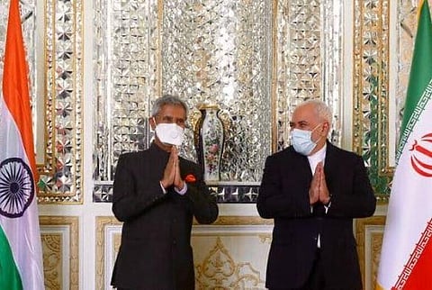 External Affairs Minister S Jaishankar (L)  with Iranian counterpart Mohammad Javad Zarif (R) in Tehran. (Photo | Dr. S Jaishankar Official Twitter)