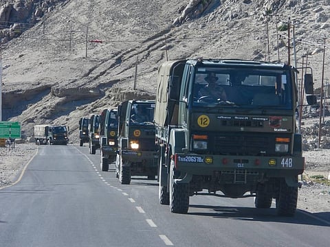 Indian Army convoy moves towards LAC after fresh clashes between India and China in Eastern Ladak Tuesday Sept. 8 2020. (Photo | PTI)