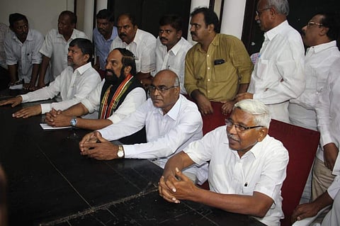 A file iamge of (From left) TDP president L Ramana, TPCC President Uttam Kumar Reddy, CPI Telangana State secretary Chada Venkat Reddy and TJS founder Prof Kodandaram fat the press meet