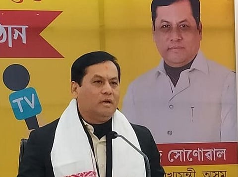 CM Sarbananda Sonowal at a press conference on Friday (Photo | EPS)