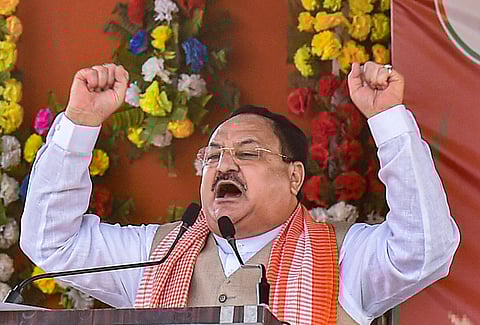 BJP National President JP Nadda addresses a Krishak Suraksha Sabha at Katwa in Burdwan district of West Bengal Saturday. (Photo | PTI)