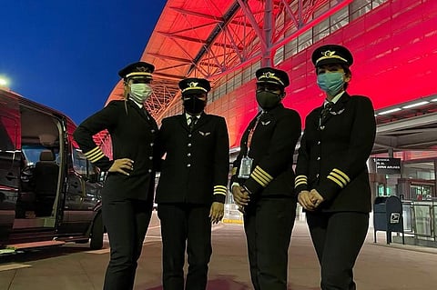 Members of the crew are: Captain Zoya Aggarwal, Captain Papagari Thanmai, Captain Akansha Sonaware and Captain Shivani Manhas. (Photo | EPS/@airindiain)