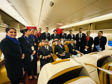 Cockpit and cabin crew inside flight no. 175 after it reached San Francisco International Airport.