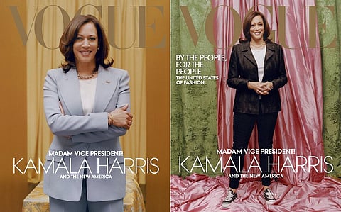 This combination of photos released by Vogue shows images of Vice President-elect Kamala Harris on the cover of their February digital and print issues. (Photo | AP)