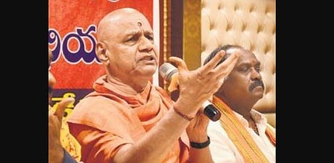 Swami Govind Dev Giri addressing the media in Hyderabad. (Photo | R V K Rao, EPS)