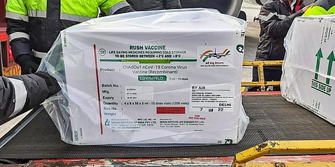 First consignment of COVID-19 vaccination arrives at Delhi Airport in a special SpiceJet flight from Pune. (Photo | PTI)