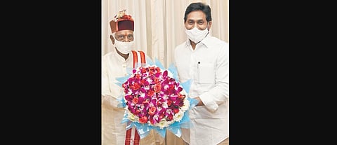 Andhra Pradesh Chief Minister YS Jagan Mohan Reddy with Himachal Pradesh Governor Bandaru Dattatreya during the latter’s visit to Vijayawada on Tuesday. (Photo | Express)
