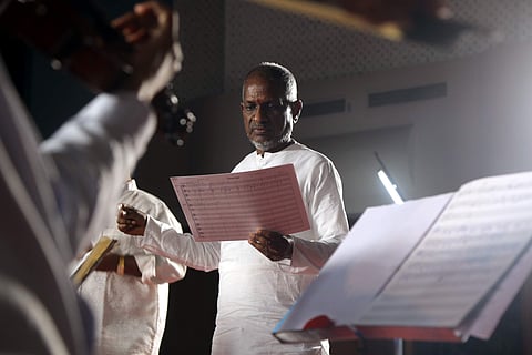 Music director Ilayaraja giving notes to his crew while composing music for a film (Photo| EPS)