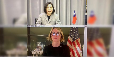 Taiwan's President Tsai Ing-wen (top) and US Ambassador to the United Nations Kelly Craft meeting virtually on Wednesday night. (Photo| AP)