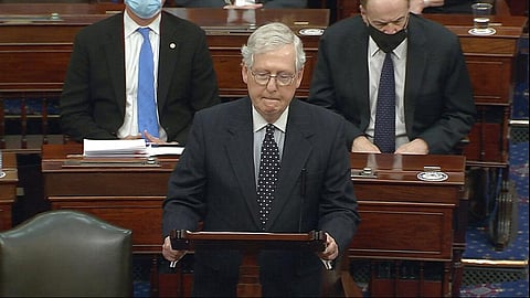 In this image from video, Senate Majority Leader Mitch McConnell of Ky., speaks as the Senate reconvenes after protesters stormed into the U.S. Capitol on Wednesday, Jan. 6, 2021. (Photo | AP)