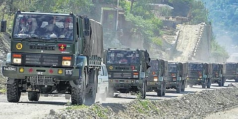 An Army convoy carrying military material on its way to Ladakh. (Photo | PTI)