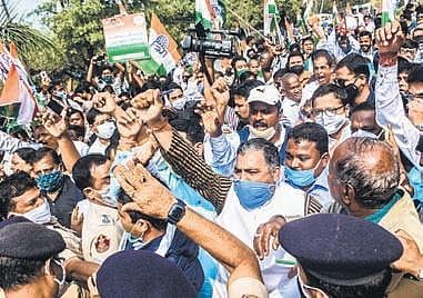 Congress activists taking out a protest rally near Raj Bhavan in Bhubaneswar on Friday. (Photo | EPS)