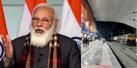 PM Narendra Modi (L) and a view of Kevadiya station. (Photo| ANI)