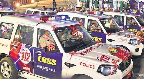 Emergency Response Support System vehicles being flagged off in front of Vidhana Soudha in Bengaluru on Saturday | vinor kumar t