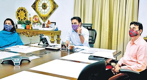IT Minister KT Rama Rao in a meeting with officials from Gujarat government over signing of MoU between We Hub and I-Hub, on Saturday