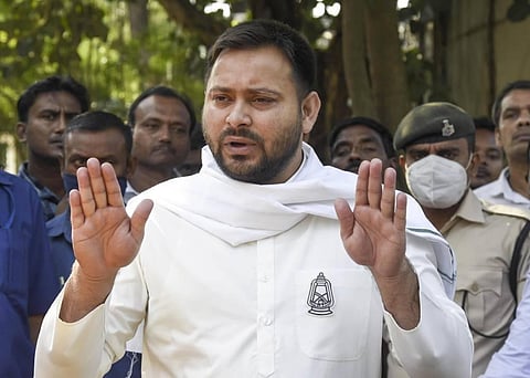 Tejashwi Yadav addresses media. (Photo | PTI)