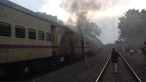 The incident was reported by 7.40 am and the loco pilots, guards immediately carried out preliminary fire fighting. (Photo | Express)