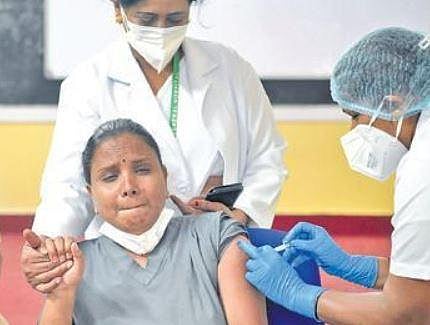 A health worker gets a jab at the  KC General Hospital in Bengaluru  on Saturday | Meghana Sastry