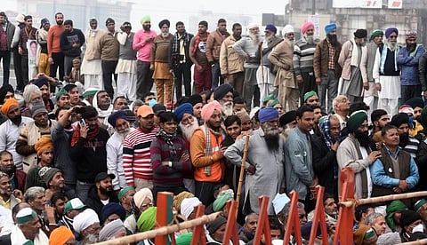 Farmers watch a Kabaddi tournament during the ongoing protest at Ghazipur Border in New Delhi Monday Jan. 18 2021. (Photo | Parveen Negi/EPS)