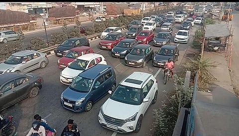 Vehicles stuck in bumper-to-bumper traffic on NH-65 in Nalgonda, on Sunday.