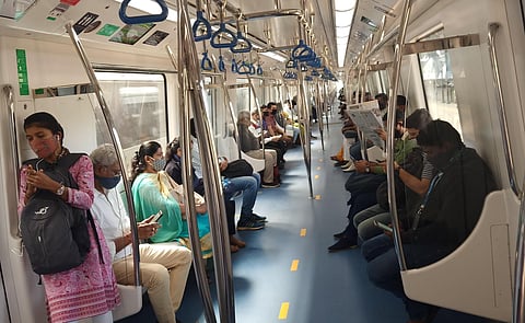 Ridership on Namma Metro now averages 1.25 lakh per day, thanks to opening of schools and colleges. IN PIC: Commuters on a Green Line train.(Photo | S Lalitha, EPS)