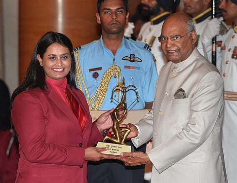 President Ram Nath Kovind presents Arjuna Award to Commonwealth Games Double trap shooting gold medallist Shreyasi Singh (Photo | PTI)