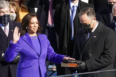 Kamala Harris is sworn in as vice president by Supreme Court Justice Sonia Sotomayor as her husband Doug Emhoff at the U.S. Capitol in Washington. (Photo | AP)