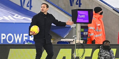 Chelsea's head coach Frank Lampard waits for the VAR system to be reviewed by the referee during the English Premier League match against Leicester City. (Photo | AP)