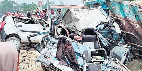 Mangled remains of the vehicles after the accident that claimed at least 14 lives at Dhupguri in Jalpaiguri district on Wednesday. (Photo | PTI)