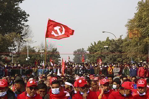 Nepalese supporters of the splinter group in the governing Nepal Communist Party participate in a protest in Kathmandu. (Photo| AP)
